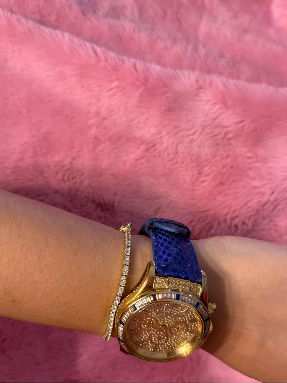 Michael Kors Gold Tone Crystal Pavé Watch with Blue Strap